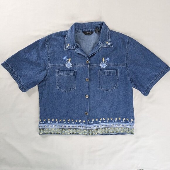 VTG Denim Short Sleeve Embroidered Cropped Boxy Fit Button Front Top Girlhood - Picture 1 of 6